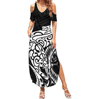 New Zealand Eel Family Matching Summer Maxi Dress and Hawaiian Shirt Tuna Aotearoa Maori Patten - Black LT14 Mom's Dress Black - Polynesian Pride