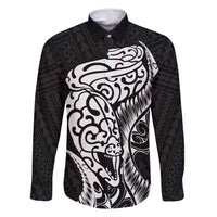 New Zealand Eel Family Matching Tank Maxi Dress and Hawaiian Shirt Tuna Aotearoa Maori Patten - Black LT14 Dad's Shirt - Long Sleeve Black - Polynesian Pride