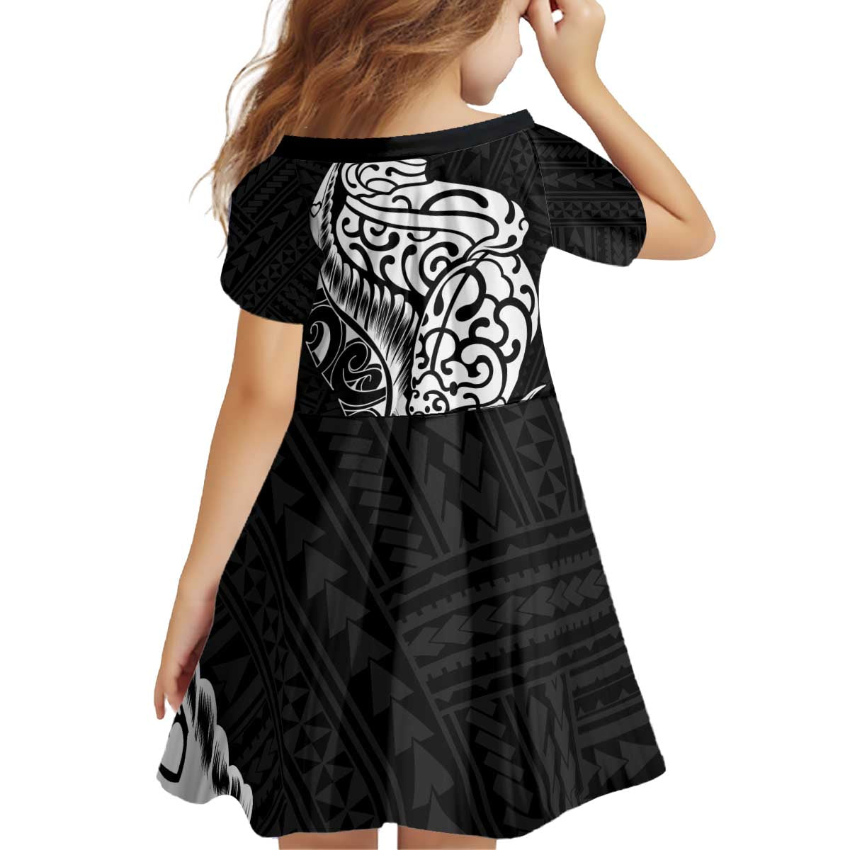 New Zealand Eel Kid Short Sleeve Dress Tuna Aotearoa Maori Patten - Black