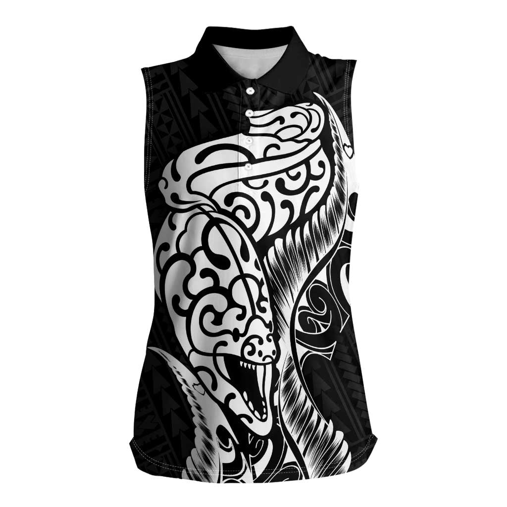 New Zealand Eel Women Sleeveless Polo Shirt Tuna Aotearoa Maori Patten - Black LT14 Female Black - Polynesian Pride