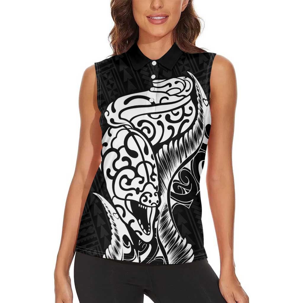 New Zealand Eel Women Sleeveless Polo Shirt Tuna Aotearoa Maori Patten - Black LT14 - Polynesian Pride