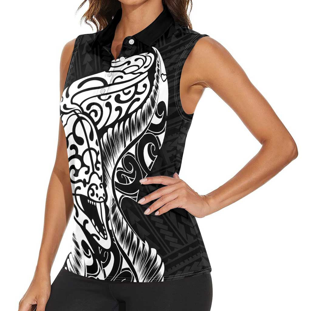 New Zealand Eel Women Sleeveless Polo Shirt Tuna Aotearoa Maori Patten - Black LT14 - Polynesian Pride