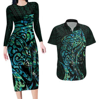 New Zealand Eel Couples Matching Long Sleeve Bodycon Dress and Hawaiian Shirt Tuna Aotearoa Maori With Paua Shell - Turquoise LT14 Turquoise - Polynesian Pride
