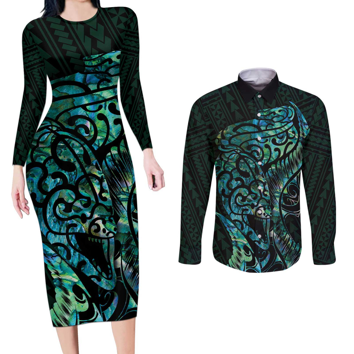 New Zealand Eel Couples Matching Long Sleeve Bodycon Dress and Long Sleeve Button Shirt Tuna Aotearoa Maori With Paua Shell - Turquoise LT14 Turquoise - Polynesian Pride