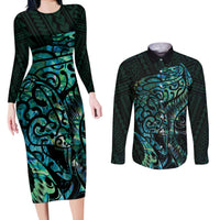 New Zealand Eel Couples Matching Long Sleeve Bodycon Dress and Long Sleeve Button Shirt Tuna Aotearoa Maori With Paua Shell - Turquoise LT14 Turquoise - Polynesian Pride