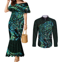 New Zealand Eel Couples Matching Mermaid Dress and Long Sleeve Button Shirt Tuna Aotearoa Maori With Paua Shell - Turquoise LT14 Turquoise - Polynesian Pride