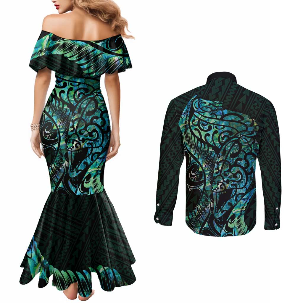New Zealand Eel Couples Matching Mermaid Dress and Long Sleeve Button Shirt Tuna Aotearoa Maori With Paua Shell - Turquoise LT14 - Polynesian Pride
