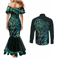 New Zealand Eel Couples Matching Mermaid Dress and Long Sleeve Button Shirt Tuna Aotearoa Maori With Paua Shell - Turquoise LT14 - Polynesian Pride
