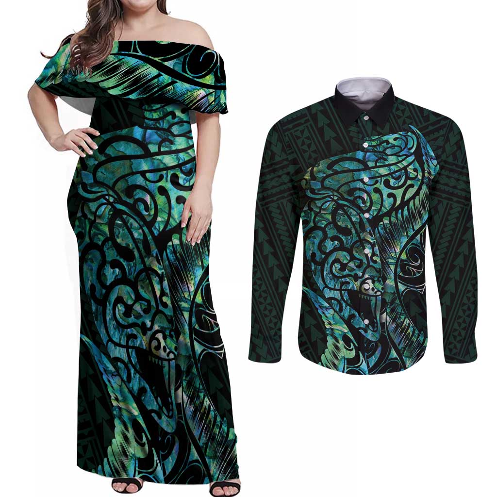 New Zealand Eel Couples Matching Off Shoulder Maxi Dress and Long Sleeve Button Shirt Tuna Aotearoa Maori With Paua Shell - Turquoise LT14 Turquoise - Polynesian Pride