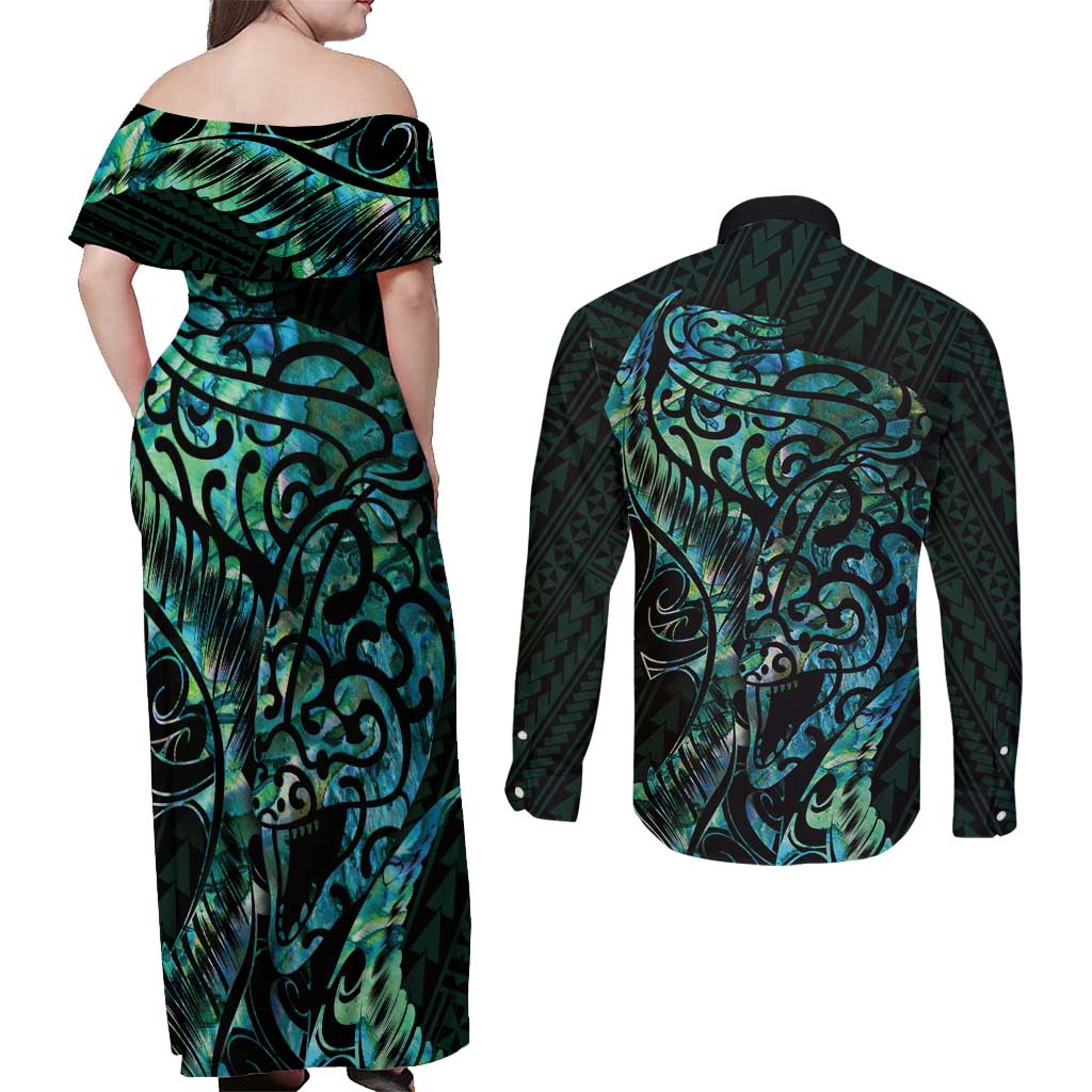 New Zealand Eel Couples Matching Off Shoulder Maxi Dress and Long Sleeve Button Shirt Tuna Aotearoa Maori With Paua Shell - Turquoise LT14 - Polynesian Pride
