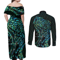 New Zealand Eel Couples Matching Off Shoulder Maxi Dress and Long Sleeve Button Shirt Tuna Aotearoa Maori With Paua Shell - Turquoise LT14 - Polynesian Pride