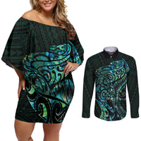 New Zealand Eel Couples Matching Off Shoulder Short Dress and Long Sleeve Button Shirt Tuna Aotearoa Maori With Paua Shell - Turquoise LT14 Turquoise - Polynesian Pride
