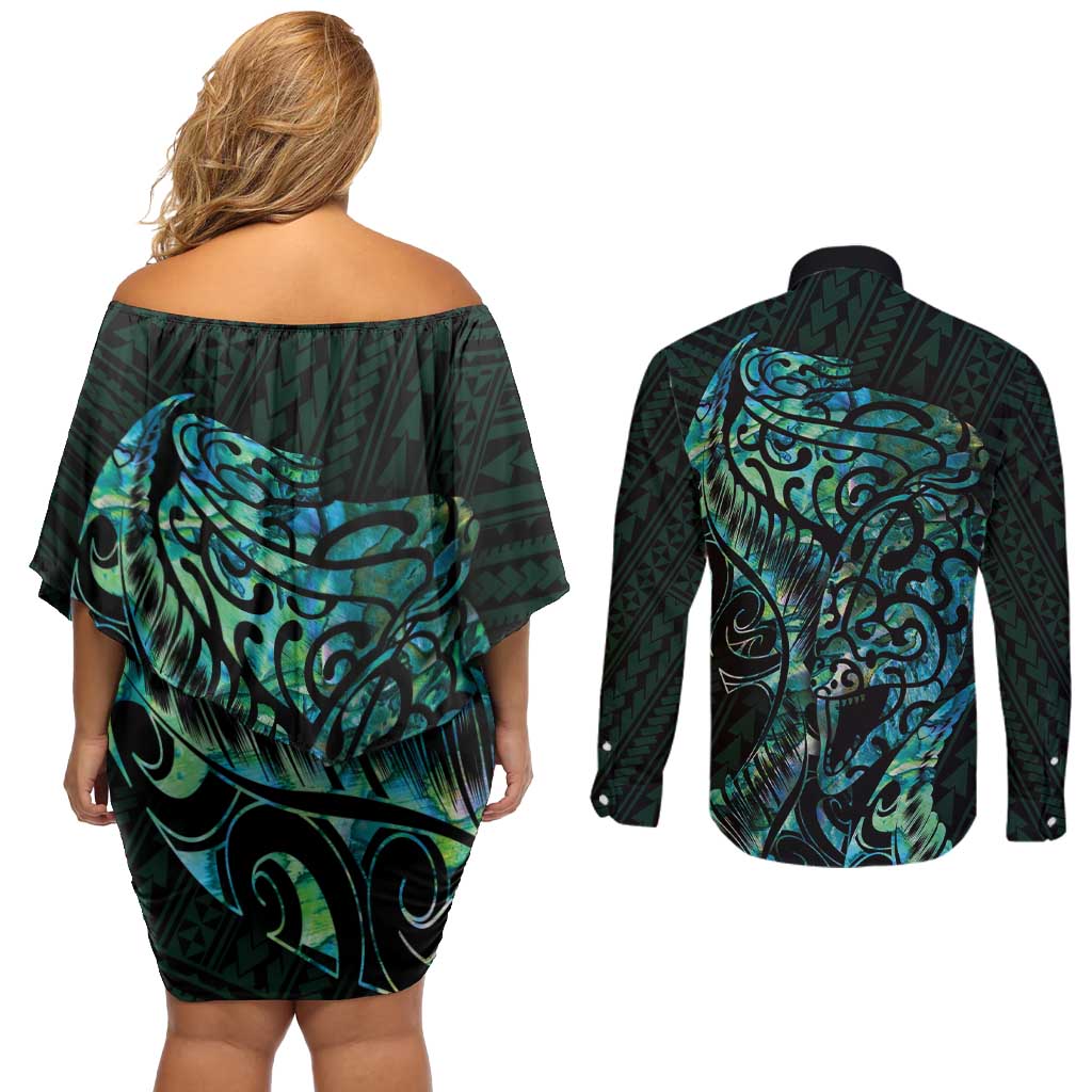 New Zealand Eel Couples Matching Off Shoulder Short Dress and Long Sleeve Button Shirt Tuna Aotearoa Maori With Paua Shell - Turquoise LT14 - Polynesian Pride