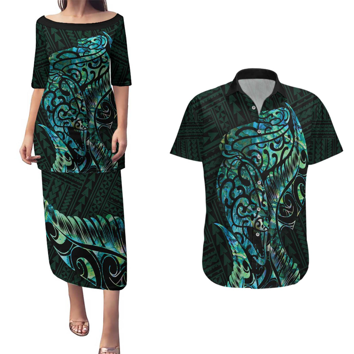 New Zealand Eel Couples Matching Puletasi and Hawaiian Shirt Tuna Aotearoa Maori With Paua Shell - Turquoise LT14 Turquoise - Polynesian Pride