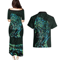 New Zealand Eel Couples Matching Puletasi and Hawaiian Shirt Tuna Aotearoa Maori With Paua Shell - Turquoise LT14 - Polynesian Pride
