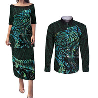 New Zealand Eel Couples Matching Puletasi and Long Sleeve Button Shirt Tuna Aotearoa Maori With Paua Shell - Turquoise LT14 Turquoise - Polynesian Pride