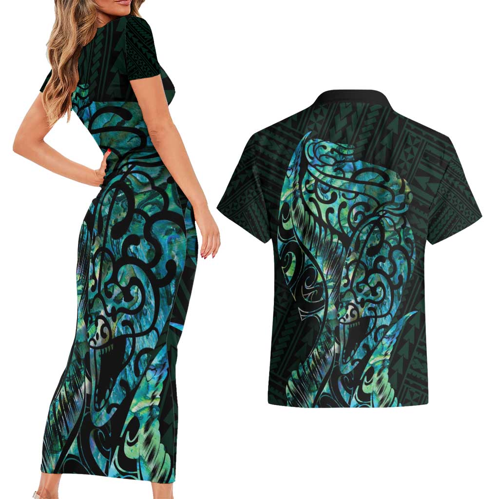 New Zealand Eel Couples Matching Short Sleeve Bodycon Dress and Hawaiian Shirt Tuna Aotearoa Maori With Paua Shell - Turquoise LT14 - Polynesian Pride