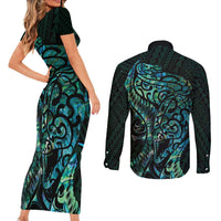 New Zealand Eel Couples Matching Short Sleeve Bodycon Dress and Long Sleeve Button Shirt Tuna Aotearoa Maori With Paua Shell - Turquoise LT14 - Polynesian Pride