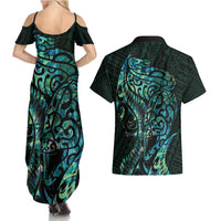 New Zealand Eel Couples Matching Summer Maxi Dress and Hawaiian Shirt Tuna Aotearoa Maori With Paua Shell - Turquoise LT14 - Polynesian Pride