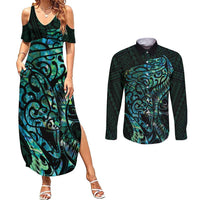 New Zealand Eel Couples Matching Summer Maxi Dress and Long Sleeve Button Shirt Tuna Aotearoa Maori With Paua Shell - Turquoise LT14 Turquoise - Polynesian Pride