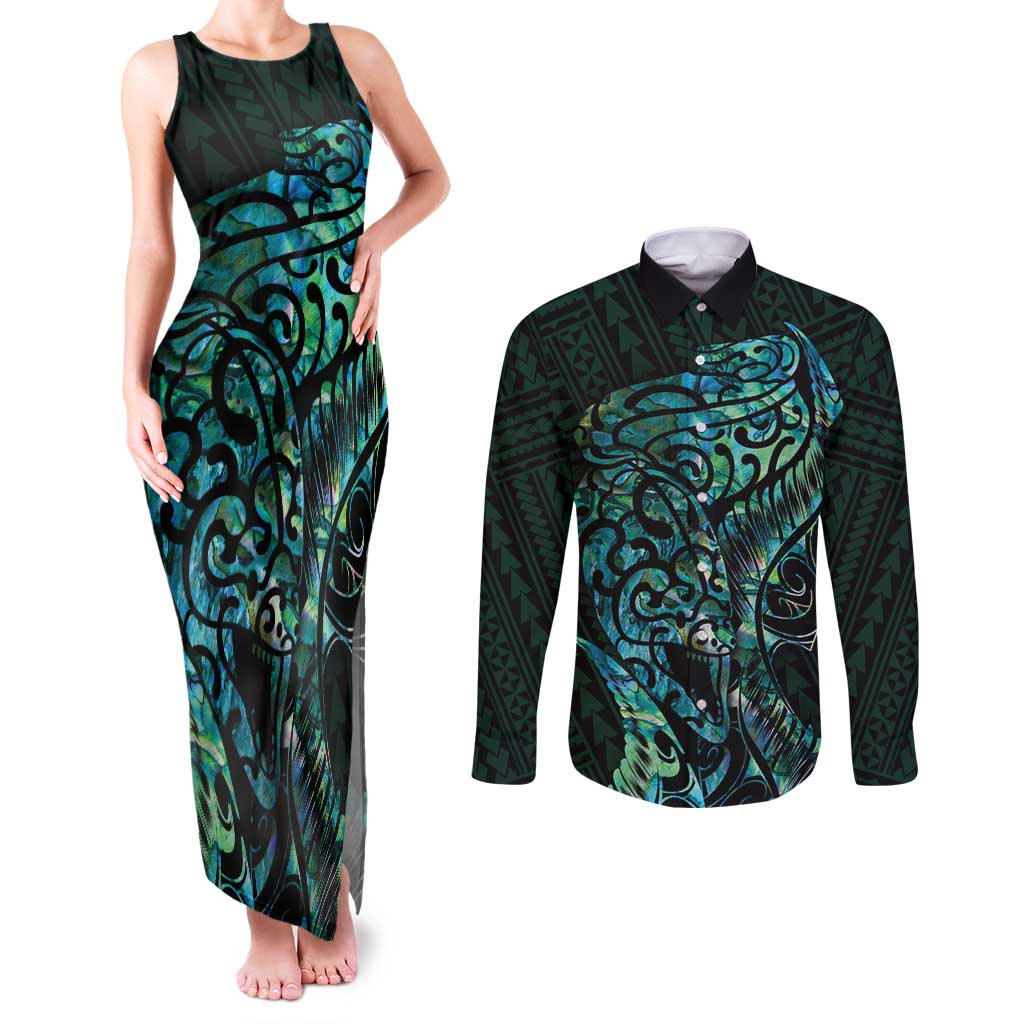 New Zealand Eel Couples Matching Tank Maxi Dress and Long Sleeve Button Shirt Tuna Aotearoa Maori With Paua Shell - Turquoise LT14 Turquoise - Polynesian Pride