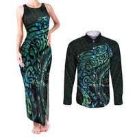 New Zealand Eel Couples Matching Tank Maxi Dress and Long Sleeve Button Shirt Tuna Aotearoa Maori With Paua Shell - Turquoise LT14 Turquoise - Polynesian Pride