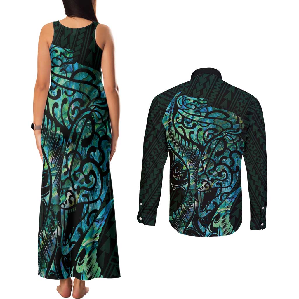 New Zealand Eel Couples Matching Tank Maxi Dress and Long Sleeve Button Shirt Tuna Aotearoa Maori With Paua Shell - Turquoise LT14 - Polynesian Pride