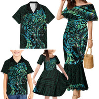 New Zealand Eel Family Matching Mermaid Dress and Hawaiian Shirt Tuna Aotearoa Maori With Paua Shell - Turquoise LT14 - Polynesian Pride