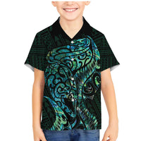 New Zealand Eel Family Matching Mermaid Dress and Hawaiian Shirt Tuna Aotearoa Maori With Paua Shell - Turquoise LT14 Son's Shirt Turquoise - Polynesian Pride