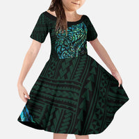 New Zealand Eel Family Matching Off The Shoulder Long Sleeve Dress and Hawaiian Shirt Tuna Aotearoa Maori With Paua Shell - Turquoise LT14 Daughter's Dress Turquoise - Polynesian Pride