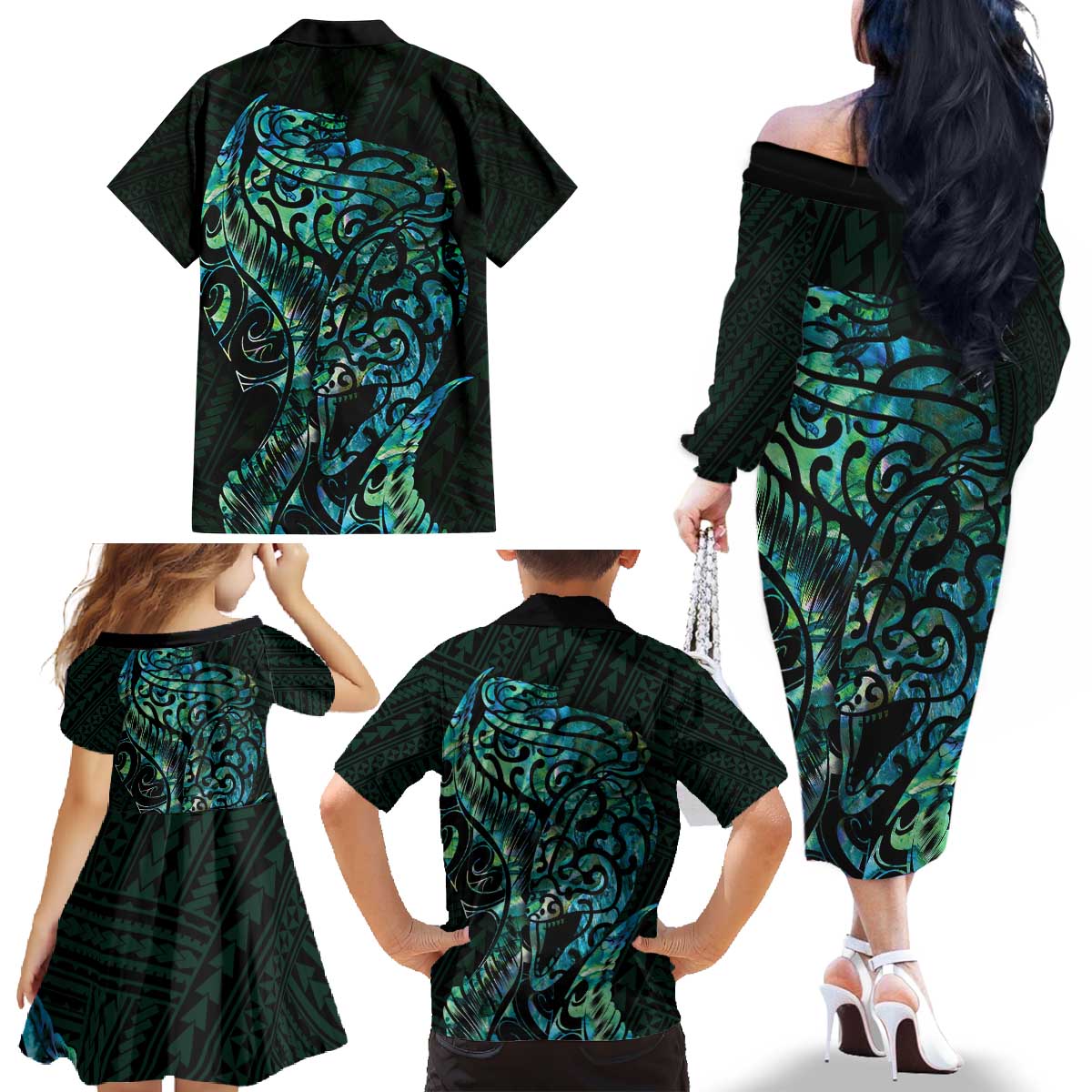 New Zealand Eel Family Matching Off The Shoulder Long Sleeve Dress and Hawaiian Shirt Tuna Aotearoa Maori With Paua Shell - Turquoise LT14 - Polynesian Pride