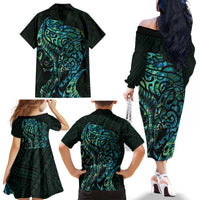 New Zealand Eel Family Matching Off The Shoulder Long Sleeve Dress and Hawaiian Shirt Tuna Aotearoa Maori With Paua Shell - Turquoise LT14 - Polynesian Pride