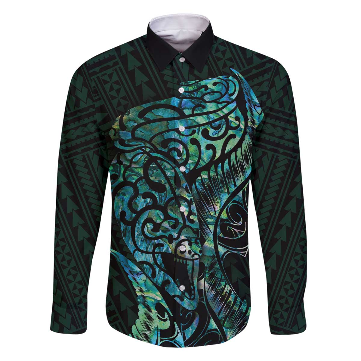 New Zealand Eel Family Matching Off The Shoulder Long Sleeve Dress and Hawaiian Shirt Tuna Aotearoa Maori With Paua Shell - Turquoise LT14 Dad's Shirt - Long Sleeve Turquoise - Polynesian Pride