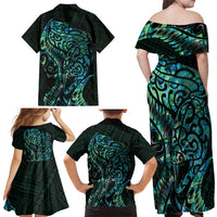 New Zealand Eel Family Matching Off Shoulder Maxi Dress and Hawaiian Shirt Tuna Aotearoa Maori With Paua Shell - Turquoise LT14 - Polynesian Pride