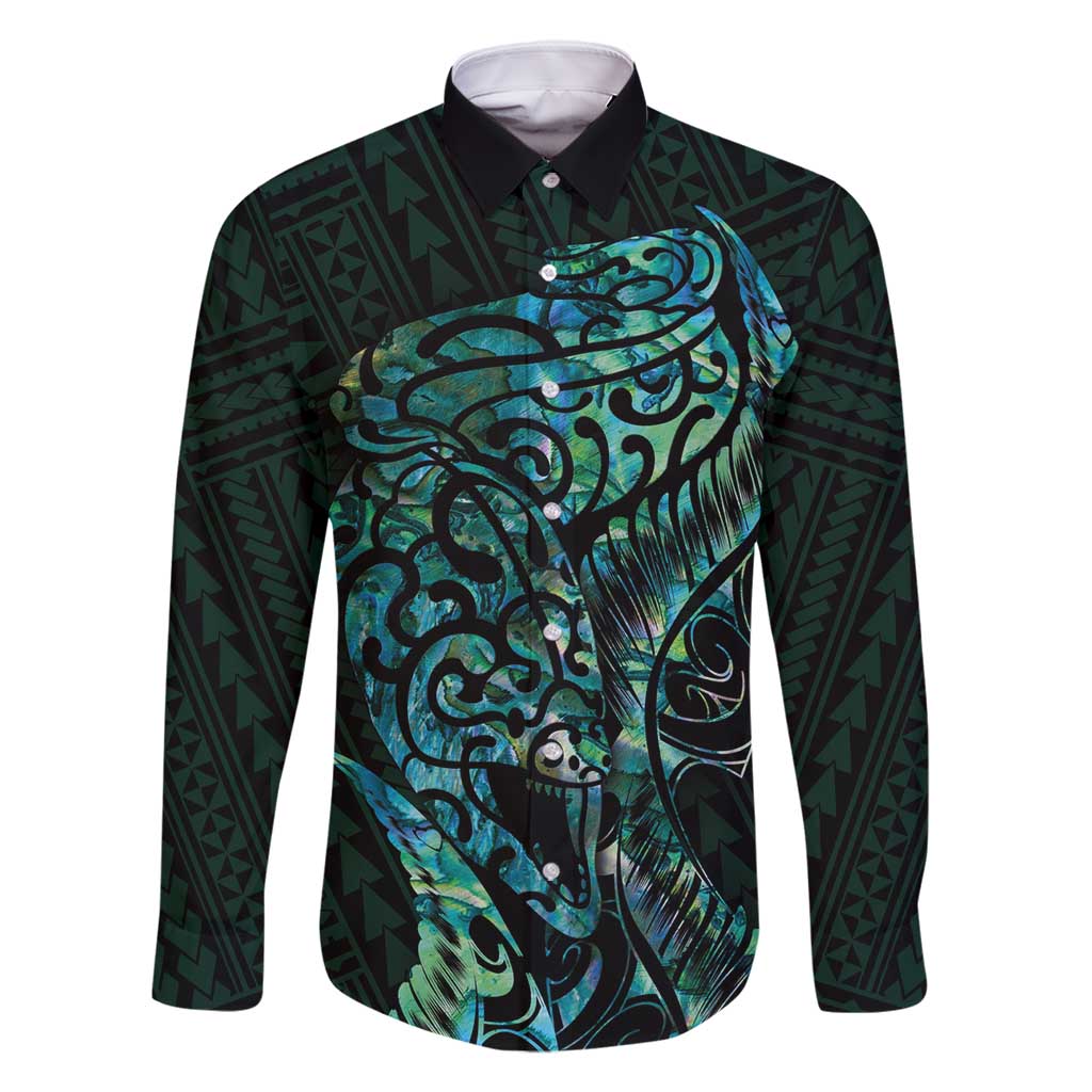 New Zealand Eel Family Matching Off Shoulder Maxi Dress and Hawaiian Shirt Tuna Aotearoa Maori With Paua Shell - Turquoise LT14 Dad's Shirt - Long Sleeve Turquoise - Polynesian Pride