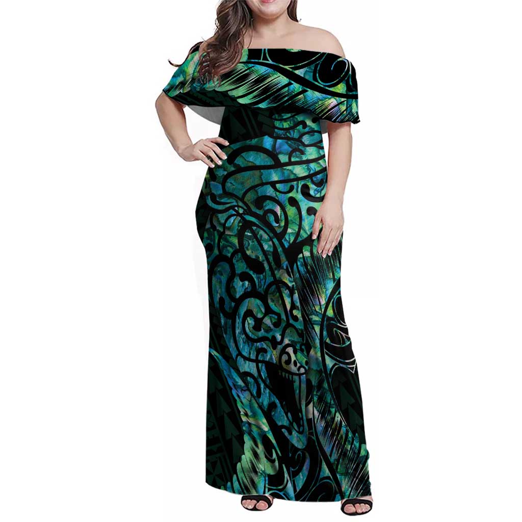 New Zealand Eel Family Matching Off Shoulder Maxi Dress and Hawaiian Shirt Tuna Aotearoa Maori With Paua Shell - Turquoise LT14 Mom's Dress Turquoise - Polynesian Pride