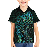New Zealand Eel Family Matching Off Shoulder Maxi Dress and Hawaiian Shirt Tuna Aotearoa Maori With Paua Shell - Turquoise LT14 Son's Shirt Turquoise - Polynesian Pride