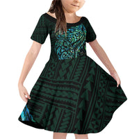 New Zealand Eel Family Matching Off Shoulder Short Dress and Hawaiian Shirt Tuna Aotearoa Maori With Paua Shell - Turquoise LT14 Daughter's Dress Turquoise - Polynesian Pride