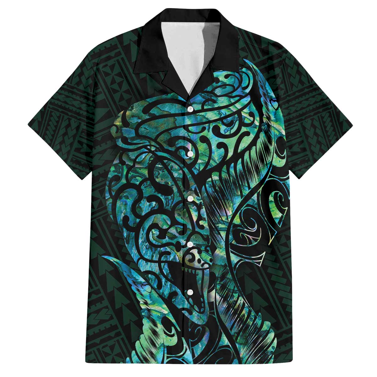 New Zealand Eel Family Matching Off Shoulder Short Dress and Hawaiian Shirt Tuna Aotearoa Maori With Paua Shell - Turquoise LT14 Dad's Shirt - Short Sleeve Turquoise - Polynesian Pride