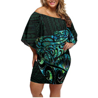 New Zealand Eel Family Matching Off Shoulder Short Dress and Hawaiian Shirt Tuna Aotearoa Maori With Paua Shell - Turquoise LT14 Mom's Dress Turquoise - Polynesian Pride
