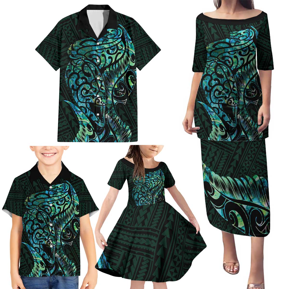 New Zealand Eel Family Matching Puletasi and Hawaiian Shirt Tuna Aotearoa Maori With Paua Shell - Turquoise LT14 - Polynesian Pride