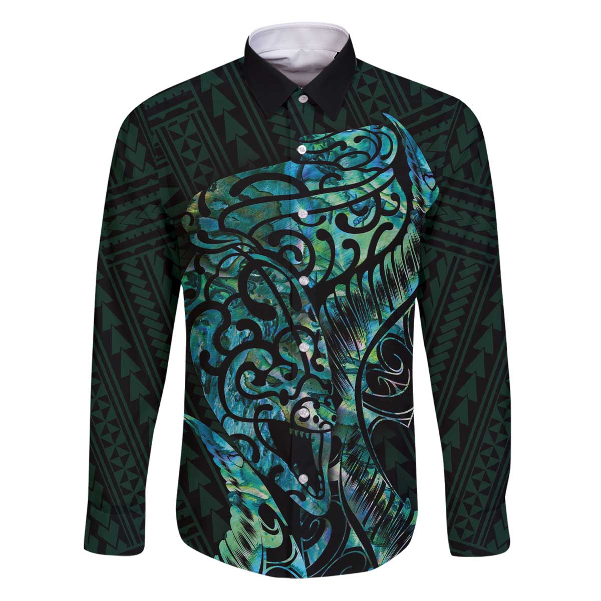 New Zealand Eel Family Matching Puletasi and Hawaiian Shirt Tuna Aotearoa Maori With Paua Shell - Turquoise LT14 Dad's Shirt - Long Sleeve Turquoise - Polynesian Pride