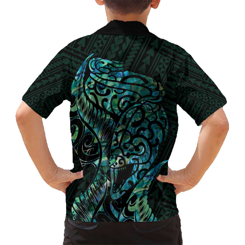 New Zealand Eel Family Matching Short Sleeve Bodycon Dress and Hawaiian Shirt Tuna Aotearoa Maori With Paua Shell - Turquoise LT14 - Polynesian Pride