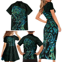 New Zealand Eel Family Matching Short Sleeve Bodycon Dress and Hawaiian Shirt Tuna Aotearoa Maori With Paua Shell - Turquoise LT14 - Polynesian Pride