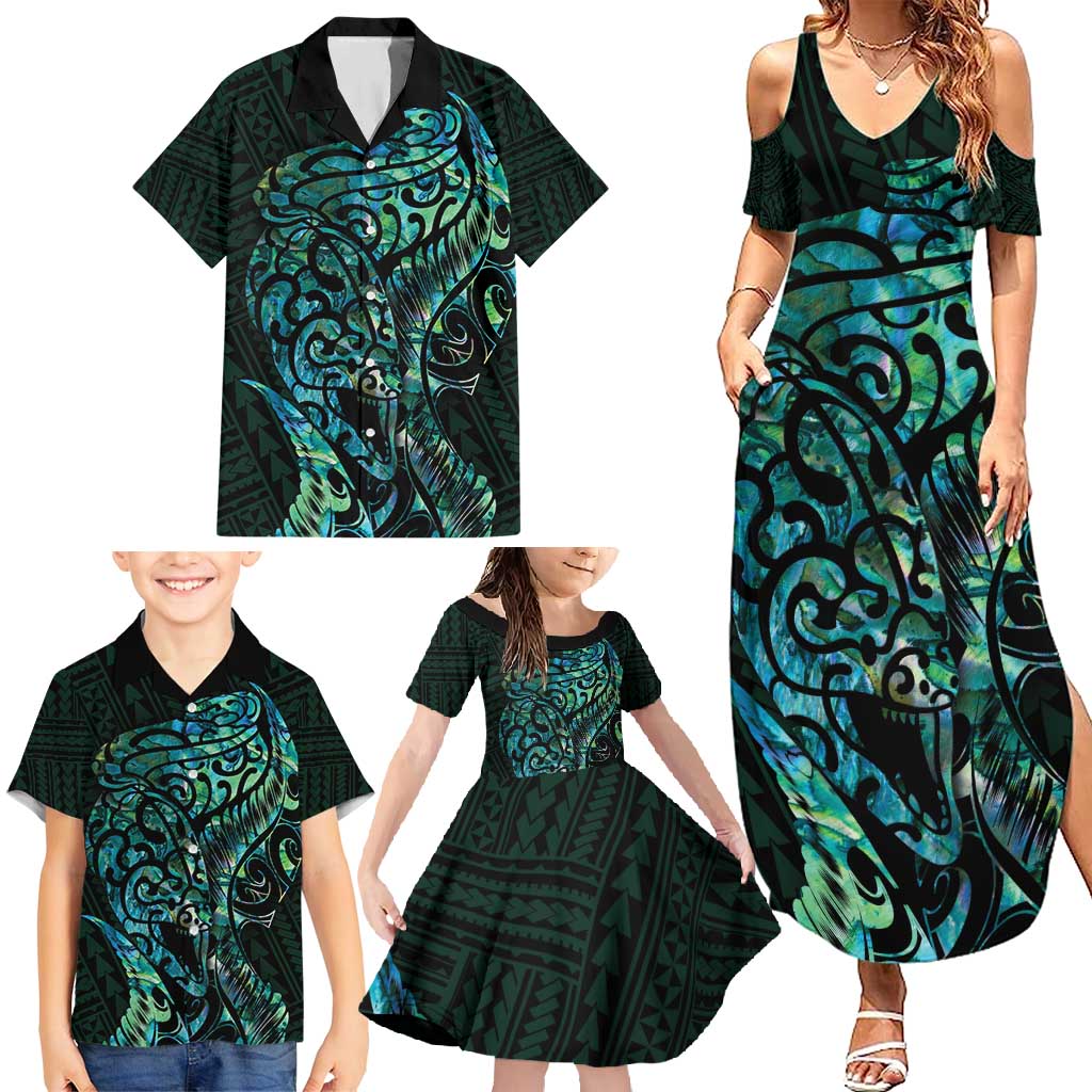 New Zealand Eel Family Matching Summer Maxi Dress and Hawaiian Shirt Tuna Aotearoa Maori With Paua Shell - Turquoise LT14 - Polynesian Pride