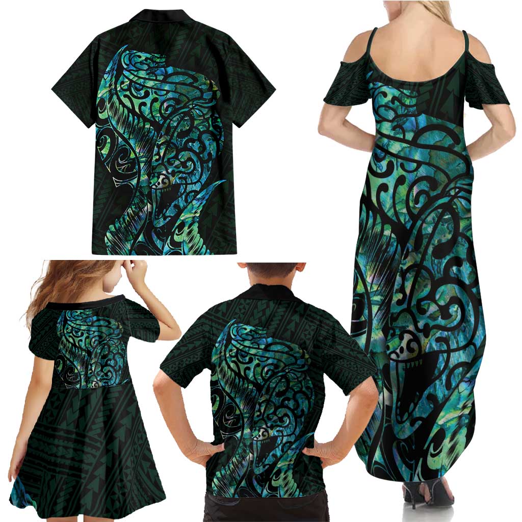 New Zealand Eel Family Matching Summer Maxi Dress and Hawaiian Shirt Tuna Aotearoa Maori With Paua Shell - Turquoise LT14 - Polynesian Pride