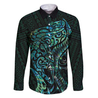 New Zealand Eel Family Matching Summer Maxi Dress and Hawaiian Shirt Tuna Aotearoa Maori With Paua Shell - Turquoise LT14 Dad's Shirt - Long Sleeve Turquoise - Polynesian Pride