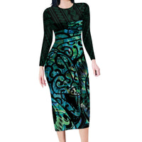 New Zealand Eel Long Sleeve Bodycon Dress Tuna Aotearoa Maori With Paua Shell - Turquoise LT14 Long Dress Turquoise - Polynesian Pride