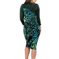New Zealand Eel Long Sleeve Bodycon Dress Tuna Aotearoa Maori With Paua Shell - Turquoise LT14 - Polynesian Pride