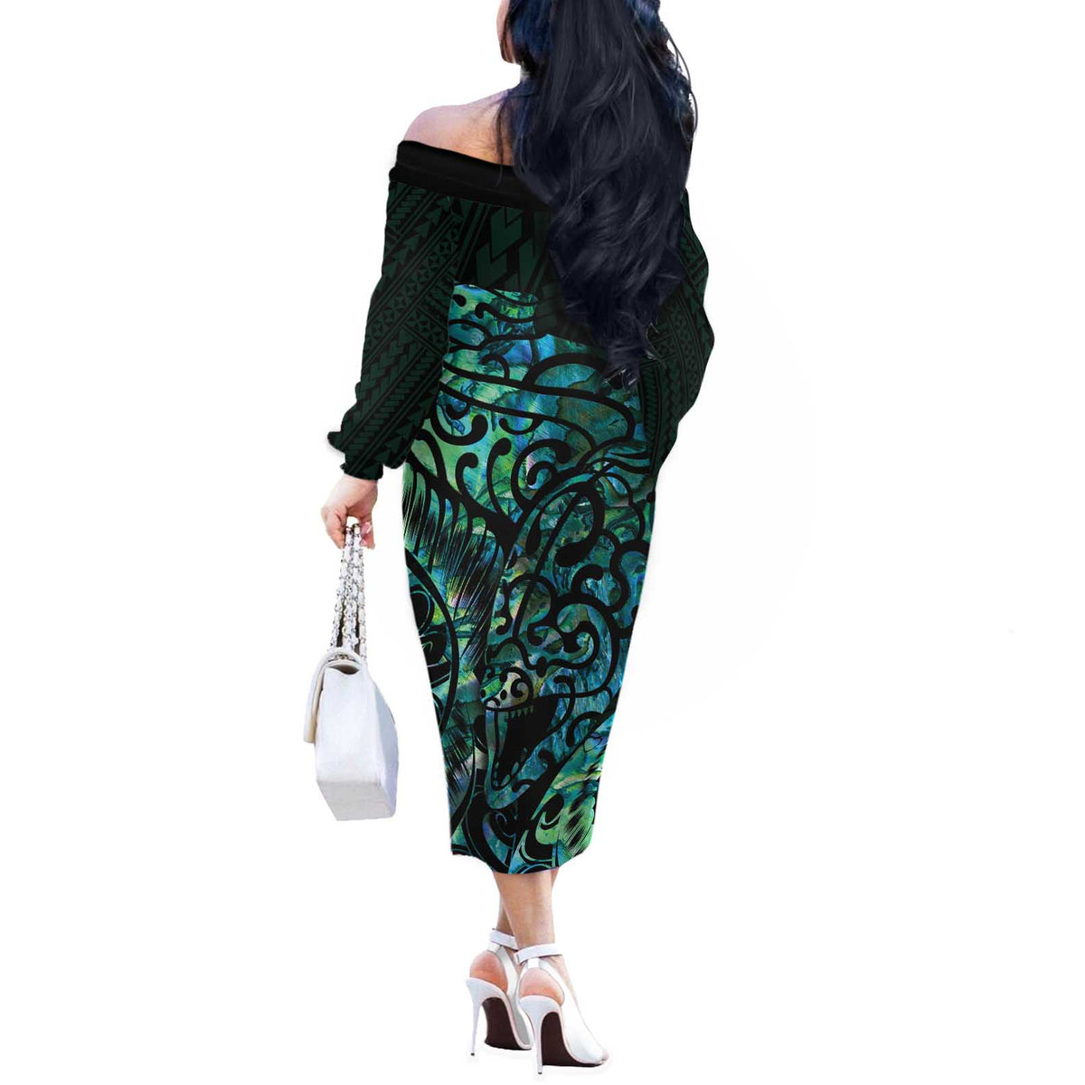 New Zealand Eel Off The Shoulder Long Sleeve Dress Tuna Aotearoa Maori With Paua Shell - Turquoise LT14 - Polynesian Pride